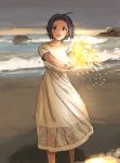  1girl ahoge annko beach blush clouds cloudy_sky cowboy_shot dress fireworks holding_fireworks idolmaster idolmaster_(classic) idolmaster_million_live! idolmaster_million_live!_theater_days looking_at_viewer miura_azusa ocean open_mouth sand short_hair short_sleeves sketch sky smile solo sparkler twilight violet_eyes water white_dress 