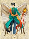  1boy animal_ears blue_eyes brown_wings cat_tail cyril_alba dairoku_ryouhei facial_mark feathered_wings full_body green_shirt holding holding_staff male_focus pants shirt simple_background solo staff standing tail tamachi_(tw) white_footwear wings yellow_background 