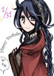  1girl ahoge alternate_hair_color blue_hair braid breasts capelet closed_mouth fire_emblem fire_emblem_fates from_side hairband happy_birthday highres hood hood_down hooded_capelet long_hair looking_at_viewer low_twin_braids medium_breasts nina_(fire_emblem) parted_bangs red_capelet solo togo2828 twin_braids upper_body 