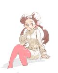 1girl alternate_costume breasts brown_eyes brown_hair fashion hair_pulled_back hair_ribbon long_hair looking_at_viewer open_mouth pantyhose pink_pantyhose pokemon pokemon_(game) pokemon_oras ribbed_sweater ribbon roxanne_(pokemon) simple_bird sitting smile solo sweater traditional_media twintails u4_99384295 