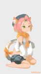  absurdres animal_ears bare_shoulders barefoot cat_ears cat_girl cat_tail diona_(genshin_impact) feet genshin_impact green_eyes hat highres kneeling neko_blow pink_hair ribbon simple_background tail tail_ornament tail_ribbon white_background 