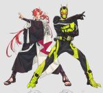  2boys :d arm_up armor bbbb_fex belt black_hair bug crossover dragon_print driver_(kamen_rider) eyebrow_cut fate/grand_order fate_(series) full_armor full_body grasshopper green_footwear hair_over_one_eye helmet henshin_pose highres instrument jacket kamen_rider kamen_rider_01_(series) kamen_rider_zero-one long_hair looking_at_viewer male_focus multicolored_hair multiple_boys outstretched_arm outstretched_hand protected_link reaching reaching_towards_viewer red_eyes redhead rider_belt rising_hopper shamisen simple_background smile solo spread_legs standing streaked_hair takasugi_shinsaku_(fate) tokusatsu white_background white_hair white_jacket yellow_armor zero_one_driver 