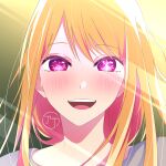  1girl :d absurdres artist_name blonde_hair blush chouchou_(austin) commentary gradient_background green_background grey_shirt hair_between_eyes highres hoshino_ruby light_rays long_hair looking_at_viewer mismatched_pupils no_pupils open_mouth oshi_no_ko portrait scene_reference shadow shirt sidelocks smile solo star-shaped_pupils star_(symbol) sunbeam sunlight symbol-shaped_pupils teeth upper_teeth_only watermark 