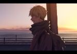  1boy backpack bag closed_eyes clouds ear_piercing facing_to_the_side fence given light_green_hair male_focus multiple_piercings nagii_(nmncrss) ocean open_mouth piercing road scarf short_hair sky smile solo street sunset teeth upper_body upper_teeth_only yoshida_yuki_(given) 