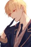  1boy biting black_gloves black_necktie blonde_hair collared_shirt commentary earrings fate/grand_order fate_(series) gilgamesh_(fate) glove_biting gloves hand_up highres jewelry lapels long_sleeves male_focus necktie notched_lapels red_eyes shirt short_hair shu_(oshigoto_boshuuchuu) signature solo stud_earrings teeth upper_body 