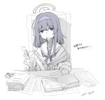  1girl blue_archive blush book book_stack cardigan chair desk dot_nose fuyunoyuki hair_between_eyes hairband halo highres holding holding_quill inkwell long_bangs long_hair long_sleeves looking_at_viewer monochrome neckerchief off_shoulder open_book open_mouth paper purple_hair purple_neckerchief quill raised_eyebrows sailor_collar school_uniform serafuku signature simple_background sitting solo spot_color translation_request ui_(blue_archive) violet_eyes white_background yawning 