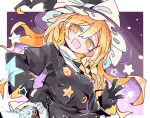  1girl black_gloves black_headwear black_shirt blonde_hair blush bow braid gloves hair_between_eyes hat hat_bow kirisame_marisa long_hair long_sleeves massakasama mini-hakkero open_mouth revision shirt single_braid smile solo star_(symbol) touhou upper_body white_bow witch_hat yellow_eyes 