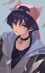  1boy absurdres ai_dongdong backwards_hat baseball_cap black_choker black_shirt blue_background choker collarbone collared_jacket genshin_impact grey_jacket hair_between_eyes hat highres jacket looking_at_viewer male_focus parted_lips pendant_choker pink_headwear purple_hair scaramouche_(genshin_impact) shirt short_hair sidelocks simple_background solo upper_body violet_eyes whistle whistle_around_neck 