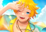  1boy beach blonde_hair blue_eyes blue_sky blush earrings ensemble_stars! harukawa_sora hawaiian_shirt highres jewelry looking_at_viewer male_focus naneko necklace ocean one_eye_closed open_mouth shirt sky smile solo stud_earrings teeth 