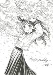  1girl :d akebi-chan_no_serafuku akebi_komichi arms_up blush bow cherry_blossoms falling_petals fingernails flower greyscale grin happy_birthday hiro_(dismaless) large_bow long_hair monochrome open_mouth own_hands_together petals roubai_academy_school_uniform_(old) school_uniform serafuku signature skirt smile solo teeth tongue traditional_media upper_teeth_only 