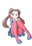  1girl ascot blue_dress blush brown_hair dress hair_pulled_back hair_ribbon legs long_hair open_mouth pantyhose pink_ascot pink_pantyhose pokemon pokemon_(game) pokemon_rse red_eyes ribbon roxanne_(pokemon) school_uniform shirt shoes sitting solo sweat thighs twintails u4_99384295 white_shirt 