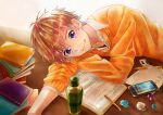  1boy arata_kojo artist_name book book_stack bottle cellphone eraser gem green_tea looking_at_viewer on_air! open_book orange_hair orange_shirt pencil phone shirt short_hair smartphone solo table tea urinenn violet_eyes 