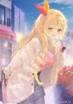  1girl :d blonde_hair blurry blurry_background blush copyright_name finger_to_mouth hair_ornament hair_ribbon hairclip highres hoshikawa_sara long_sleeves looking_at_viewer night nijisanji open_mouth outdoors red_ribbon reia ribbon sample_watermark smile solo x_hair_ornament 