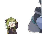 2girls armlet chibi collei_(genshin_impact) comedy commentary genshin_impact gloves green_hair hair_ornament highres multiple_girls out_of_frame surprised sweatdrop symbol-only_commentary wide-eyed xinzoruo yelan_(genshin_impact)