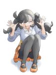  1girl black_hair black_pantyhose braid dark-skinned_female dark_skin emma_(pokemon) fashion highres long_hair looking_at_viewer mary_janes open_mouth pantyhose pokemon pokemon_(game) pokemon_xy shirt shoes simple_background sitting skirt smile solo sweater twin_braids twintails u4_99384295 