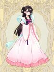  1girl blush brown_hair chinese_clothes dairoku_ryouhei fujiyama_aika full_body hanfu korean_clothes kuroemono_(tw) long_hair own_hands_together pink_eyes solo standing steepled_fingers tassel wide_sleeves yellow_background 