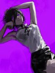  1girl armpits arms_up black_hair chainsaw_man collared_shirt hair_between_eyes highres looking_at_viewer purple_background purple_theme raberu_ruru reze_(chainsaw_man) shirt short_hair simple_background sleeveless sleeveless_shirt solo violet_eyes white_shirt 