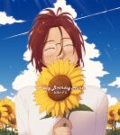  1other blue_sky brown_hair closed_eyes clouds commentary dated flower glasses hange_zoe hanpetos happy_birthday holding holding_flower other_focus ponytail portrait shingeki_no_kyojin sky smile solo sunflower sunlight 