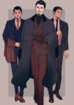  3boys black_hair black_necktie black_suit blue_pants blue_suit brown_gloves brown_necktie brown_pants brown_scarf brown_suit cheekbones contemporary facial_hair gloves goatee golden_kamuy grey_background hair_slicked_back haru_gaga highres looking_at_viewer male_focus multiple_boys mustache necktie ogata_hyakunosuke own_hands_together pants plaid scar scar_on_cheek scar_on_face scarf standing suit tsurumi_tokushirou usami_tokishige 