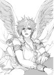  1girl final_fantasy final_fantasy_xiv greek_clothes greyscale highres jewelry looking_at_viewer mole mole_under_eye monochrome shishamo_712 simple_background solo warrior_of_light_(ff14) white_background wings 