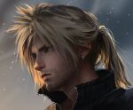  1boy absurdres aged_up beard black_shirt blonde_hair blue_eyes closed_mouth cloud_strife clouds cloudy_sky commentary earrings english_commentary facial_hair final_fantasy final_fantasy_vii final_fantasy_vii_remake high_collar high_ponytail highres jewelry looking_to_the_side male_focus portrait realistic safaiaart scar scar_on_cheek scar_on_face serious shirt sky spiky_hair stubble stud_earrings zipper 
