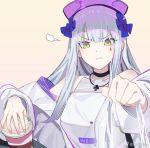  1girl bag commentary_request cup disposable_cup frown girls_frontline green_eyes grey_hair hair_ornament hat hk416_(girls&#039;_frontline) hk416_(white_negroni)_(girls&#039;_frontline) holding holding_bag holding_cup jewelry long_hair looking_at_viewer mao_jian_hiko necklace off_shoulder official_alternate_costume plastic_bag simple_background solo teardrop_facial_mark upper_body weibo_username 