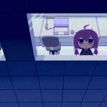  1girl ahoge alternate_costume black_suit blush_stickers chair charging_device closed_mouth commentary computer from_outside highres indoors konohoshi laptop long_sleeves looking_outside looking_up mouse_(computer) necktie office office_chair office_lady purple_hair purple_necktie raised_eyebrows short_hair_with_long_locks solo suit swivel_chair symbol-only_commentary violet_eyes vocaloid voiceroid wide_shot yuzuki_yukari 