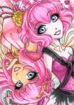  2girls blue_eyes chariclo_arganthone_cupid colored_skin dress dual_persona ever_after_high feathered_wings headband heart monster_high multiple_girls pandoras-locker pink_dress pink_hair pink_headband pink_lips smile upside-down white_skin wings 