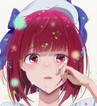  1girl arima_kana beret blue_bow blunt_bangs blurry blush bob_cut bow commentary crying crying_with_eyes_open depth_of_field hat hat_bow highres inverted_bob looking_at_viewer medium_hair no_pupils open_mouth oshi_no_ko portrait red_eyes redhead shadow simple_background solo streaming_tears symbol-only_commentary tears white_background white_headwear wiping_tears xvvstring 