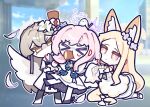  &gt;_&lt; +_+ 3girls absurdres amedrama angel_wings animal_ear_fluff animal_ears bird blonde_hair blue_archive blurry blurry_background brown_eyes cake capelet chibi dress feathered_wings flower food food_in_mouth fox_ears hair_flower hair_ornament halo highres light_brown_hair long_hair mika_(blue_archive) multiple_girls nagisa_(blue_archive) pantyhose pink_hair seia_(blue_archive) swiss_roll tea_party_(blue_archive) white_bird white_capelet white_dress white_wings wings 