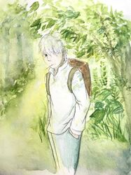  1boy backpack bag black_eyes blue_pants brown_bag collared_shirt forest ginko hair_over_one_eye hands_in_pockets highres long_sleeves male_focus megumi_(rwsf2884) mushishi nature outdoors painting_(medium) pants shirt short_hair traditional_media watercolor_(medium) white_hair white_shirt 