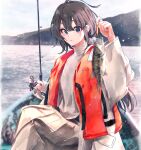  1girl absurdres ahoge black_hair blue_eyes boat cliff coat day fish fishing fishing_hook fishing_rod high_collar highres holding holding_fishing_rod lake long_hair long_skirt long_sleeves orange_vest outdoors pleated_skirt ponkan_8 sitting skirt sky solo sweater turtleneck turtleneck_sweater vest watercraft white_coat white_skirt white_sweater wide_sleeves yahari_ore_no_seishun_lovecome_wa_machigatteiru. yukinoshita_yukino 