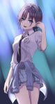  1girl asakura_toru black_necktie blue_cardigan blue_eyes blue_hair blue_nails breasts cardigan cardigan_around_waist clothes_around_waist collared_shirt commentary_request dande_cat ear_piercing gradient_hair grey_skirt highres idolmaster idolmaster_shiny_colors looking_at_viewer multicolored_hair nail_polish necktie open_mouth parted_bangs piercing plaid plaid_skirt pleated_skirt purple_hair school_uniform shirt short_hair skirt sleeves_rolled_up small_breasts smile solo white_shirt 