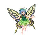  1girl :d antennae barefoot blue_hair brown_eyes butterfly_wings eternity_larva full_body game_cg green_shirt green_skirt highres leaf leaf_on_head looking_at_viewer open_mouth outstretched_arms rotte_(1109) shirt short_hair short_sleeves simple_background skirt smile solo third-party_source touhou touhou_lost_word white_background wings 