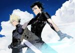 2boys armor black_gloves black_hair blonde_hair blue_eyes blue_sky buster_sword closed_mouth cloud_strife clouds cloudy_sky cofffee cross_scar final_fantasy final_fantasy_vii gloves hair_pulled_back holding holding_sword holding_weapon huge_weapon light_particles looking_at_viewer looking_to_the_side male_focus multiple_boys open_hand outdoors ribbed_sweater scar scar_on_cheek scar_on_face short_hair shoulder_armor single_bare_shoulder sky sleeveless sleeveless_turtleneck spiky_hair suspenders sweater sword turtleneck turtleneck_sweater weapon zack_fair 