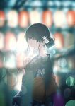  1girl absurdres arm_at_side black_hair black_kimono blue_eyes blurry blurry_background blush bokeh card covering_mouth crying crying_with_eyes_open depth_of_field festival floral_print flower from_behind hair_bun hair_flower hair_ornament highres holding holding_card japanese_clothes kimono lantern long_bangs long_sleeves looking_at_viewer looking_back obi oka_kojiro original paper_lantern qixi_festival sash short_hair sidelocks single_side_bun streaming_tears tanabata tears upper_body white_flower yukata 