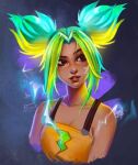  1girl bandages brown_eyes electricity green_hair league_of_legends non-web_source twintails zeri_(league_of_legends) 
