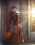  1boy absurdres brown_hair cape commentary_request crossed_arms full_body highres key_visual looking_to_the_side male_focus official_art oscar_(unnamed_memory) promotional_art red_cape sheath sheathed short_hair solo sword unnamed_memory weapon 