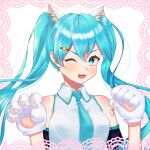  1girl animal_ears animal_hands ase4an1 blue_eyes blue_hair blue_necktie blush cat_ears cat_paws hair_ornament hatsune_miku highres long_hair looking_at_viewer necktie open_mouth simple_background smile solo twintails vocaloid 
