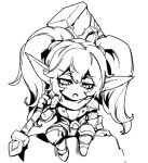  1girl armor armored_boots blush boots fang gauntlets greyscale hammer holding holding_hammer holding_weapon league_of_legends long_hair looking_down monochrome open_mouth phantom_ix_row poppy_(league_of_legends) sad simple_background sitting solo twintails weapon white_background yordle 