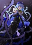  1boy arknights blue_hair choker full_body gloves hat highres infection_monitor_(arknights) iwashi_80 male_focus mizuki_(arknights) open_mouth orange_eyes otoko_no_ko short_hair solo tentacles underwater 