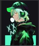  1boy aqua_hair baseball_cap black_background black_choker black_headwear black_hoodie border brown_border bubble_blowing chewing_gum choker facing_to_the_side green_background h4td4 hat headphones hood hood_down hoodie light_green_hair looking_at_viewer male_focus mikoshiba_kenta multicolored_background multicolored_hair paradox_live solo spiked_choker spikes yellow_eyes 