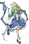  1girl :d absurdres arm_up blue_skirt bobby_socks commentary_request frilled_skirt frills frog_hair_ornament green_eyes green_hair hair_ornament highres il_cocokana kochiya_sanae long_hair looking_at_viewer midriff navel open_mouth sarashi simple_background single_hair_tube skirt smile snake_hair_ornament socks solo touhou white_background white_sleeves white_socks wide_sleeves 