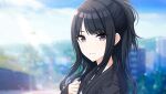  1girl black_hair black_sweater blue_sky blurry blurry_background bokeh clenched_hand closed_mouth depth_of_field eyelashes game_cg half_updo hand_on_own_chest idolmaster idolmaster_shiny_colors kazano_hiori light_smile long_hair mole mole_under_mouth official_art outdoors shirt sidelocks sky smile sparkle sweater upper_body violet_eyes 