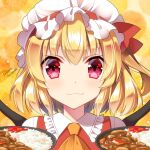  1girl :3 blonde_hair check_commentary closed_mouth collar collared_vest commentary commentary_request curry curry_rice flandre_scarlet food frilled_collar frilled_hat frills hat hat_ribbon holding holding_food looking_at_viewer mob_cap one_side_up orange_background polka_dot polka_dot_background red_eyes red_ribbon red_vest ribbon ribbon-trimmed_headwear ribbon_trim rice sakura_tsubame short_hair signature smile touhou upper_body v-shaped_eyebrows vest white_collar white_headwear white_sleeves wings 