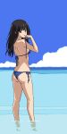  1girl bikini black_hair blue_bikini blue_sky clouds copyright_request highres long_hair looking_back marine_day ocean open_mouth side-tie_bikini_bottom sky solo swimsuit tokuoka_kouhei untied_bikini violet_eyes wading 