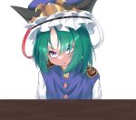  1girl alternate_eye_color angry black_headwear blue_headwear blue_vest buttons commentary english_commentary epaulettes flat_chest frilled_hat frills gazter green_hair hair_between_eyes hat highres looking_at_viewer medium_bangs open_mouth parted_bangs shiki_eiki shirt short_hair simple_background solo table touhou upper_body v-shaped_eyebrows vest violet_eyes white_background white_shirt 