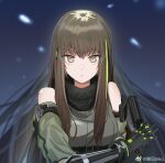  1girl assault_rifle bare_shoulders breasts brown_hair commentary_request expressionless girls_frontline green_hair gun holding holding_gun holding_weapon long_hair looking_at_viewer m4_carbine m4a1_(girls&#039;_frontline) m4a1_(mod3)_(girls&#039;_frontline) mao_jian_hiko medium_breasts multicolored_hair rifle solo straight-on streaked_hair upper_body weapon weibo_username yellow_eyes 