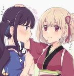  2girls black_hair blonde_hair blue_kimono blush breasts closed_mouth commentary_request hair_ribbon headpat highres inoue_takina japanese_clothes kimono long_hair looking_at_another lycoris_recoil medium_breasts multiple_girls nape nishikigi_chisato obi official_alternate_costume one_side_up profile red_eyes red_kimono red_ribbon ribbon sango_(sango3_3) sash short_hair sidelocks simple_background smile translation_request twintails violet_eyes white_background wide_sleeves yuri 