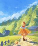  1girl animal bird bird_wings blonde_hair boots brown_footwear chick closed_mouth day dirt_road dress feathered_wings highres multicolored_hair niwatari_kutaka orange_dress outdoors redhead road shirt short_hair short_sleeves smile solo theta_(theta456697010) touhou two-tone_hair white_shirt wings yellow_wings 